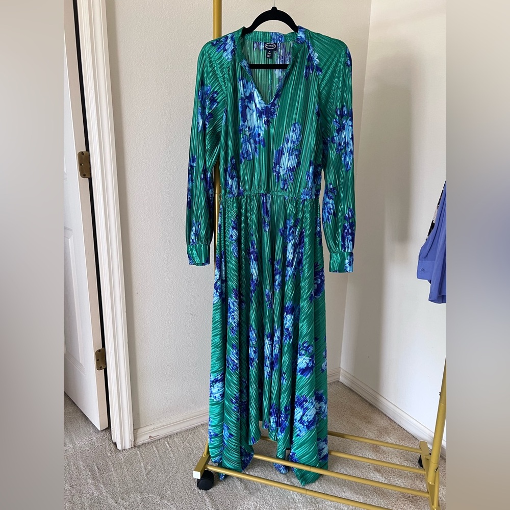 Scoop Floral Green and Blue Women's Pleated Maxi Dress Women Medium EUC